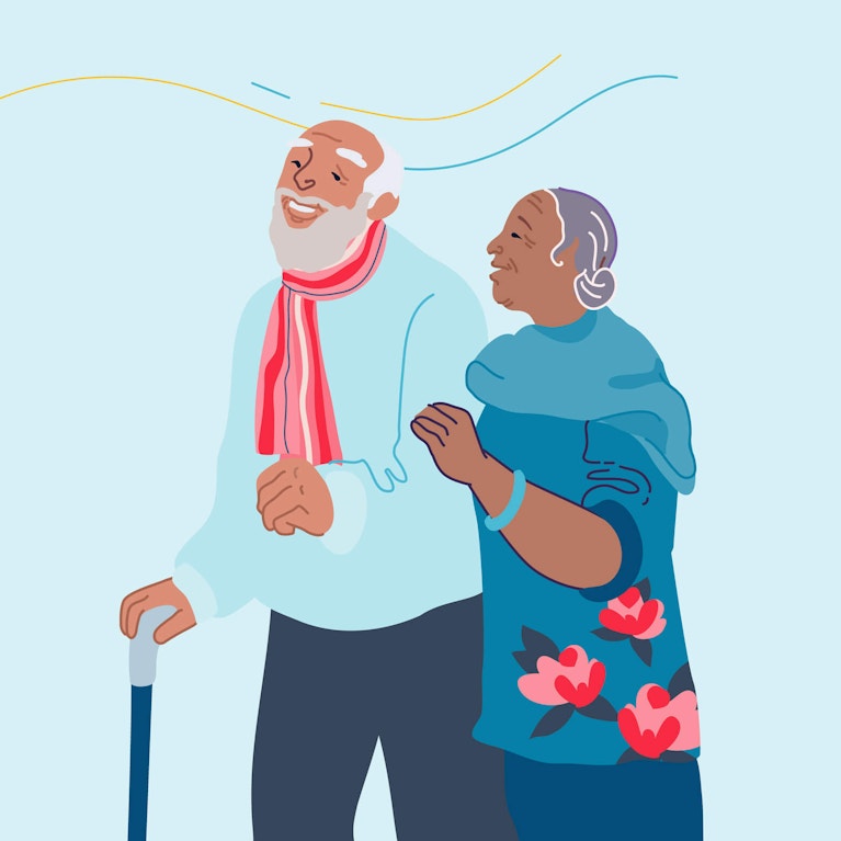 Illustration of elderly couple walking outside with piggy bank and money