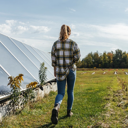 Farmer walking past greenhouse towards field