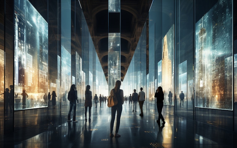 Futuristic, optimistic image of people walking through vast hall, floating screens moving with them