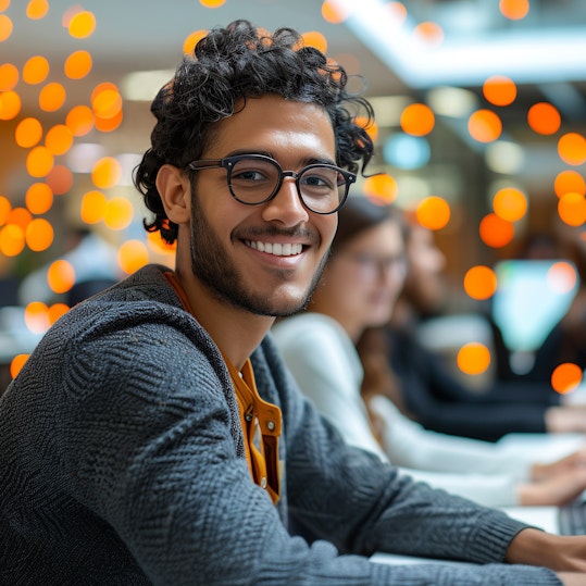 Colleague using desktop computer in office