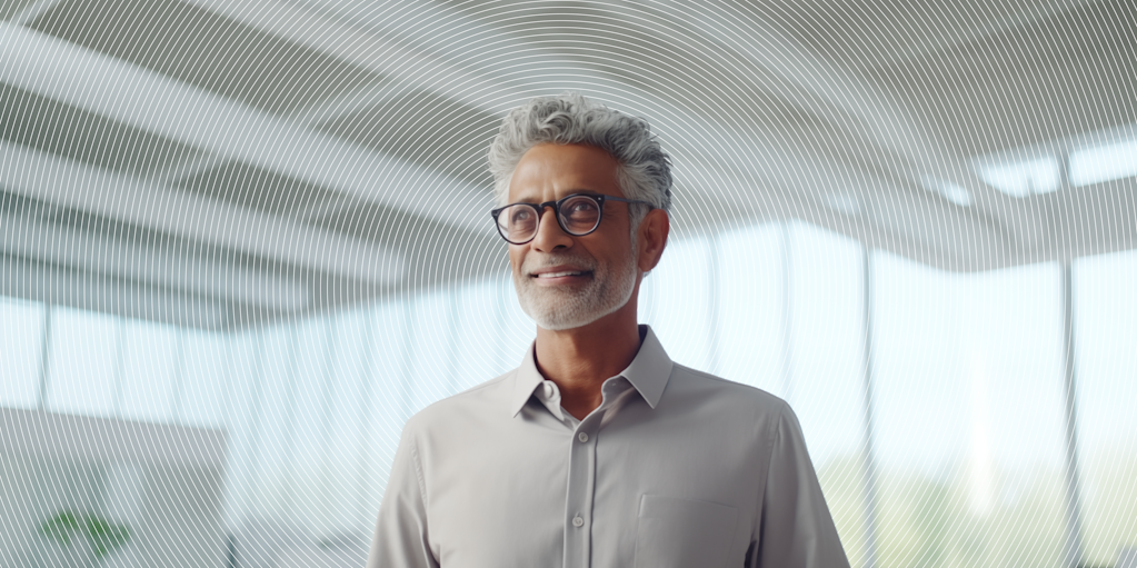 Futuristic, AI generated image of man wearing glasses