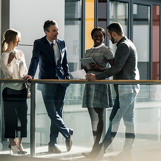 Colleagues meeting outside office