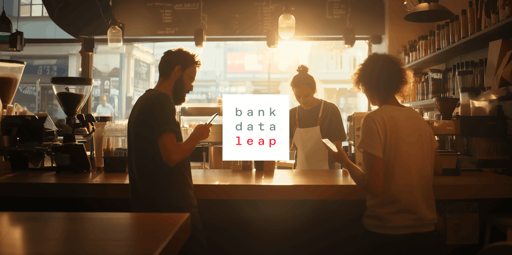 AI generated image of customers paying for coffee in a shop with text "bank data leap" over top